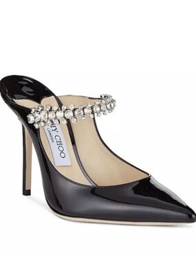 Jimmy Choo Bing 100- Black Patent Leather Crystal-Strap Pointed Toe Heeled Mule